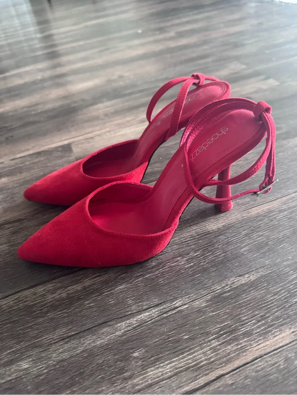 Shoe Dazzle Red Suede Pointed-Toe Ankle-Strap Heels